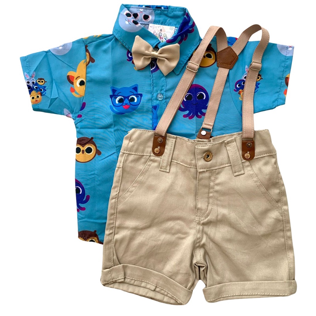 Roupa BOLO temática festa menino conjunto Camisa Gravata Bermuda e Suspensório