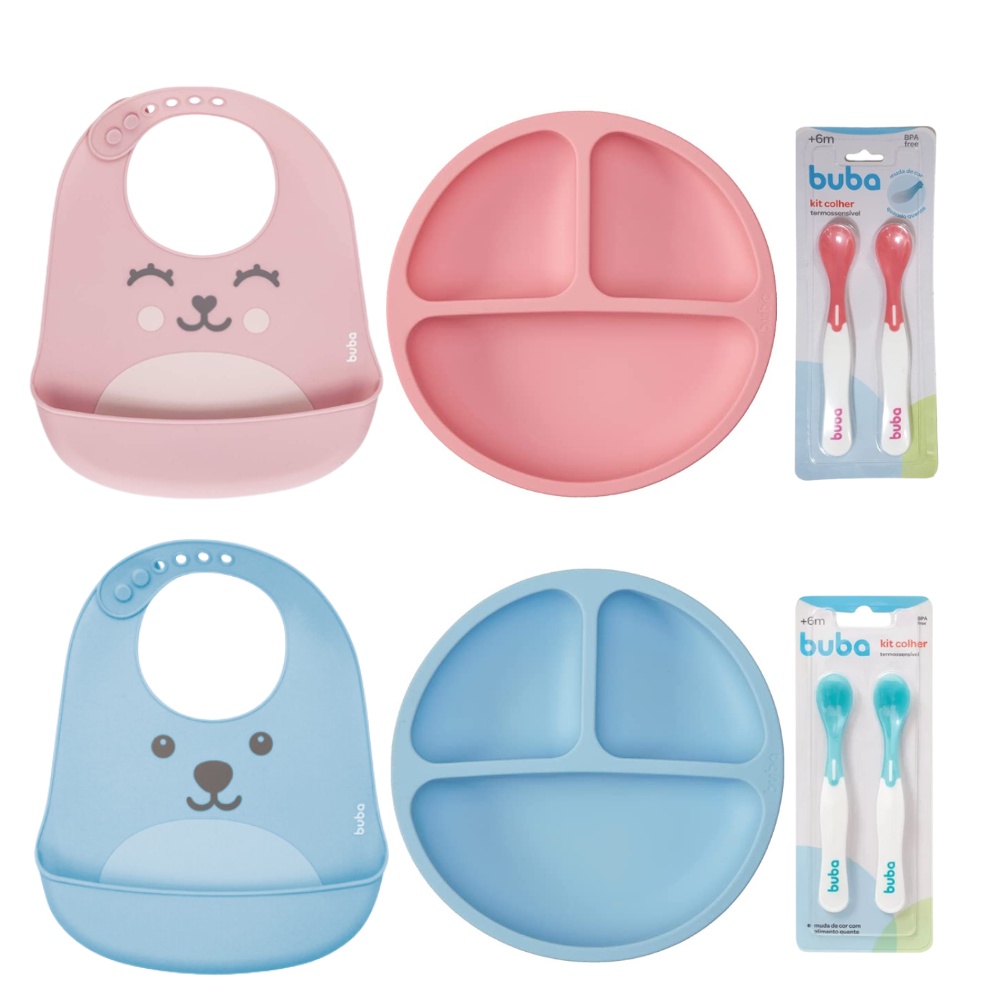 Kit Refeição Introdução Alimentar com Prato com Ventosa e Divisória, Babador de Silicone com Pega Migalhas, Colher Termossenssível Buba - Kit Buba Menino Menina (Pratinho Ventosas, Babador Gumy, Colheres Buba)