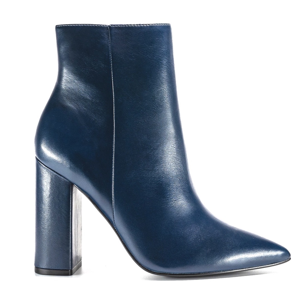 Bota Ankle Boot Azul Marinho Feminina Cano Curto Bico Fino Salto Grosso Couro