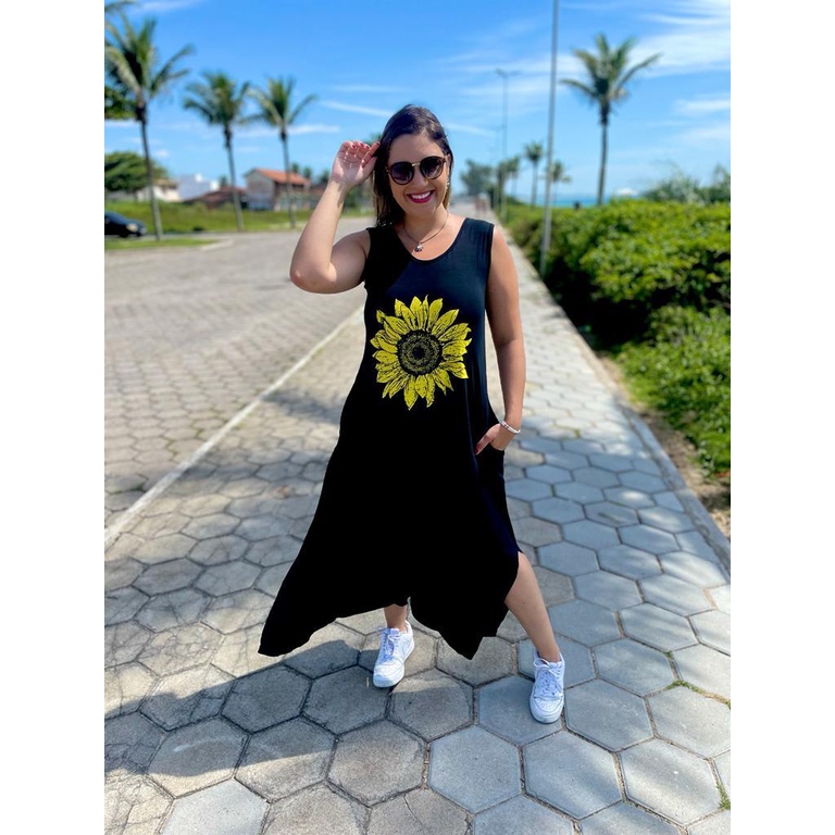 Vestido Longo com Fenda Lateral e Bolso Vestidos Feminino de Malha Viscolycra Roupas Femininas