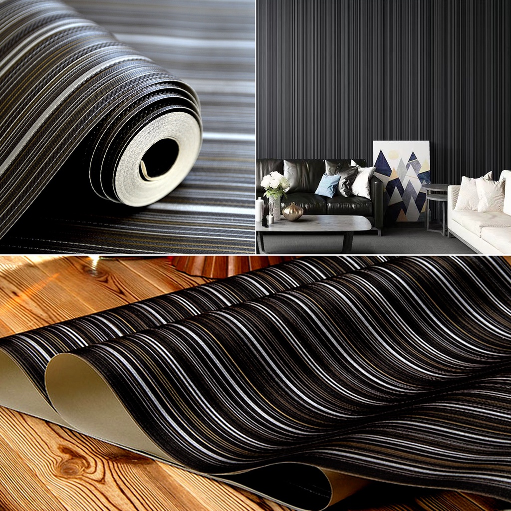 Papel de Parede Vinílico Importado Preto Cinza e Bronze Listrado - Alto Relevo Rolo 10 metros x 53cm + Cola Especial Inclusa - Modelo 121408