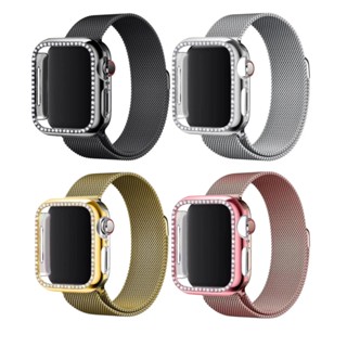 Kit 2 Em 1 Pulseira Loop Aço Milanesa Metal Inoxidável - Case Bumper Strass Luxo Brilhante Premium Proteção Iwo Apple Watch Series 38 40 41 42 44 45mm - Oferta Imperdível