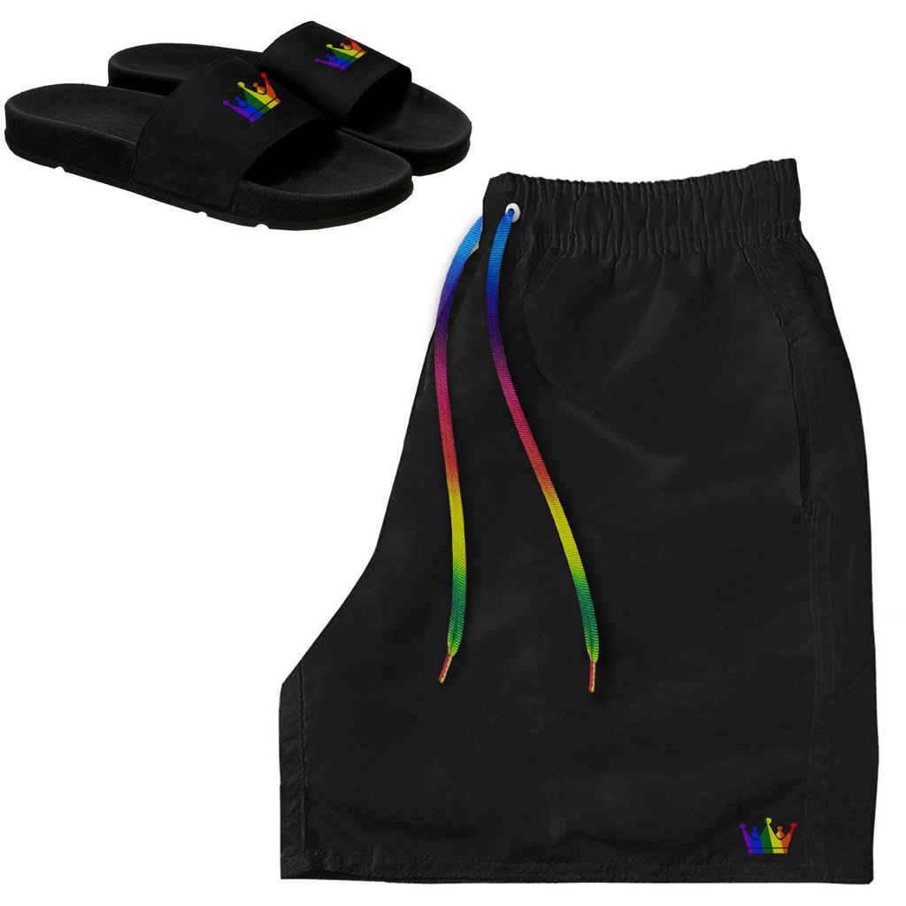 Kit Short Praia Mauricinho Masculina + Chinelo Slide Coroa LGBT
