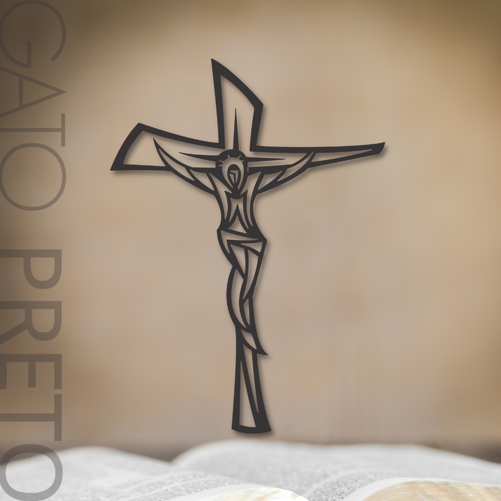 Placa Quadro Decorativo Jesus e a Cruz Fé e Religião Madeira MDF Com Fita Dupla Face Adesiva Preto Fosco