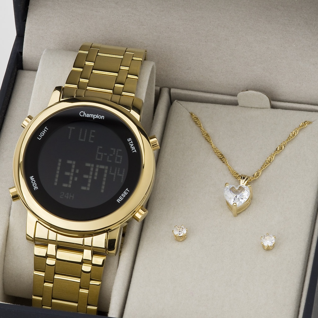 Relógio Champion Feminino Digital Dourado + Kit Colar e Brincos Original Presente Namorada Esposa Mulher Mae em Oferta na Shopee