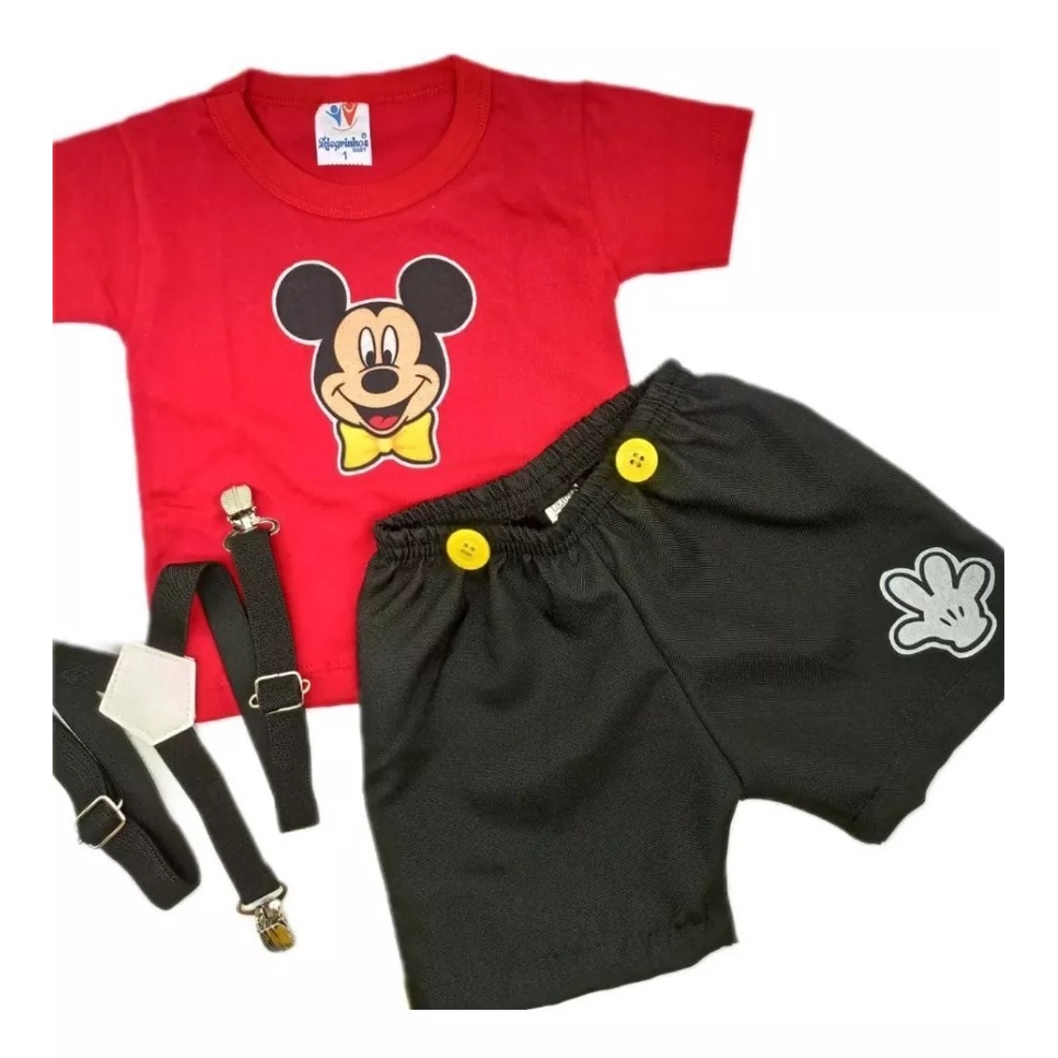 Roupa Aniversário Tema Mickey Conjunto Infantil Menino Festa Temática Fantasia Camiseta, Shorts e Suspensório