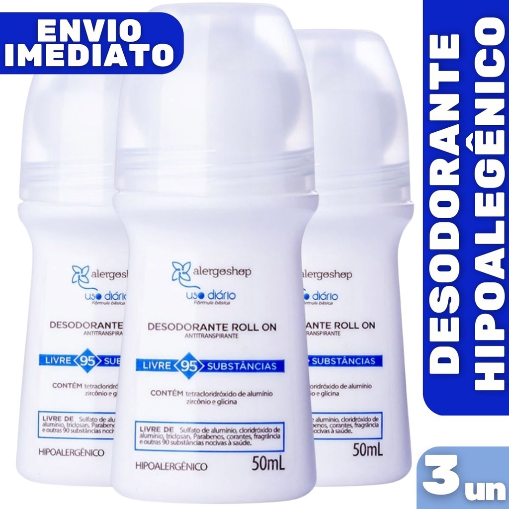 Kit 3 Desodorante Antitranspirante Roll-On Hipoalergênico 50ml - Alergoshop