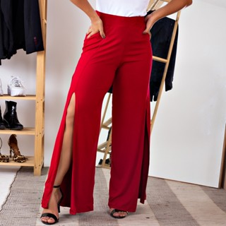 Calça Pantalona Flare Feminina Com Fenda Lateral Aberta Lisa Cintura Alta Preta Calca Promoção