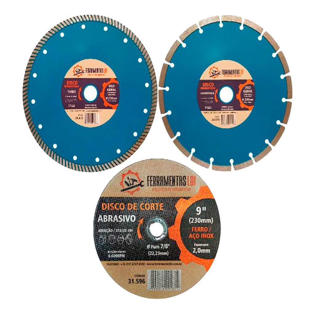 Kit 2 Discos de Corte 230 X 20mm 1 Turbo + 1 Segmentado + 1 Disco Corte Ferro