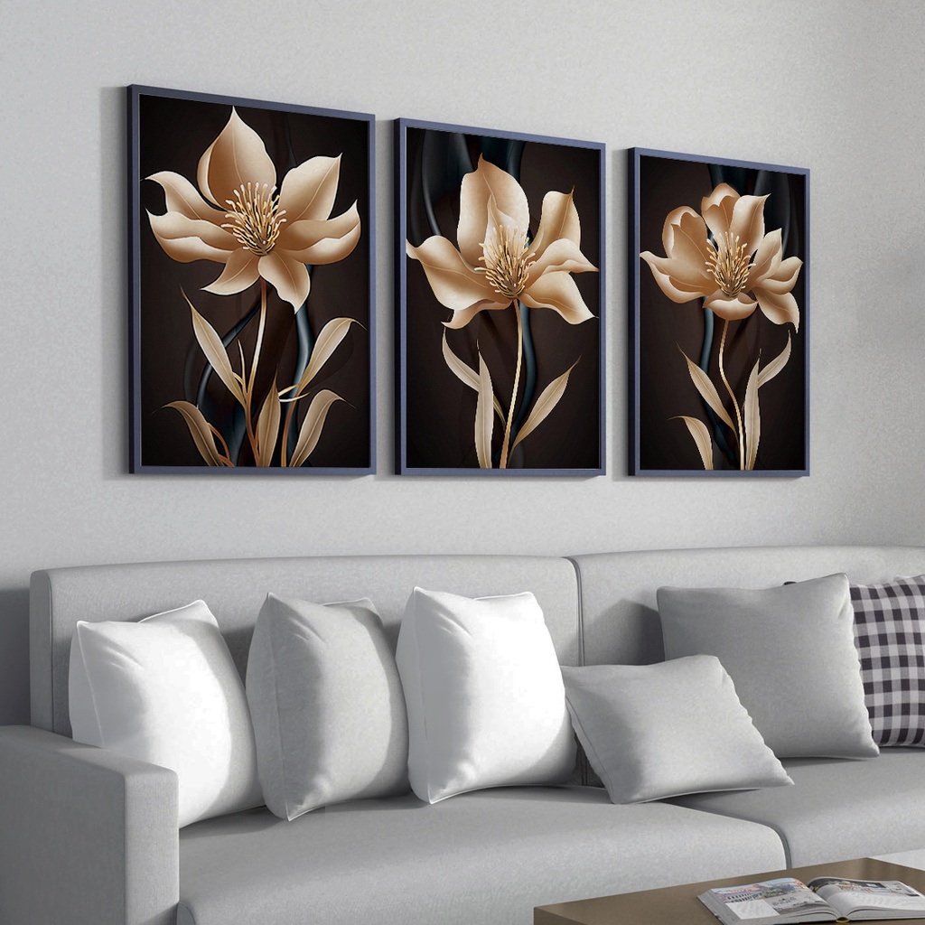Kit Quadros Decorativos 3 Peças Moldura Sala Quarto Escritório Flor Dourada