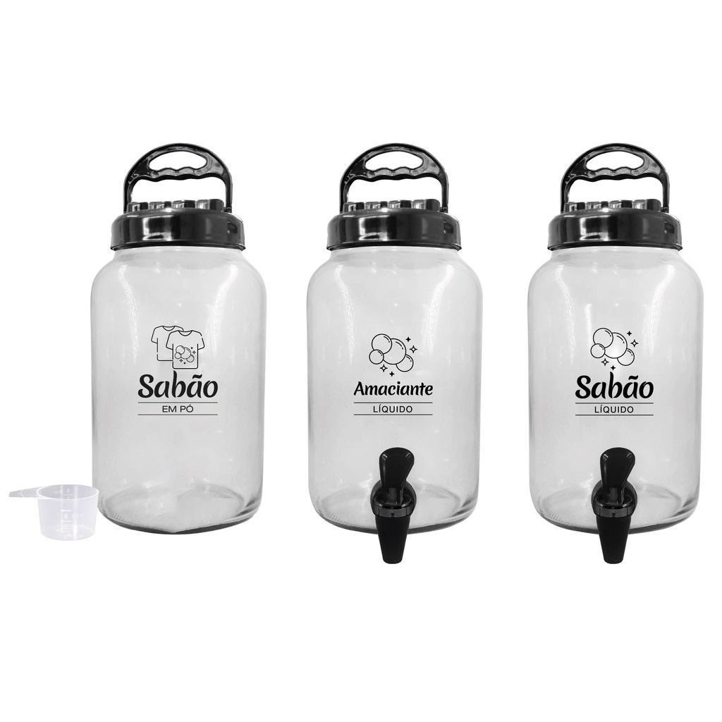 Kit 3 Peças Lavanderia Amaciante / Sabão em Pó / Sabão Líquido De Vidro 3Lts Com Tampa e Torneira