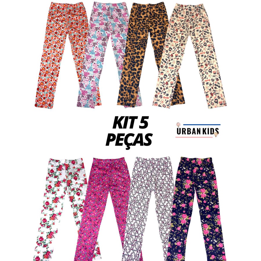 Kit 5 Calça Legging Leg Estampada Infantil Menina Básica Conforto Versátil