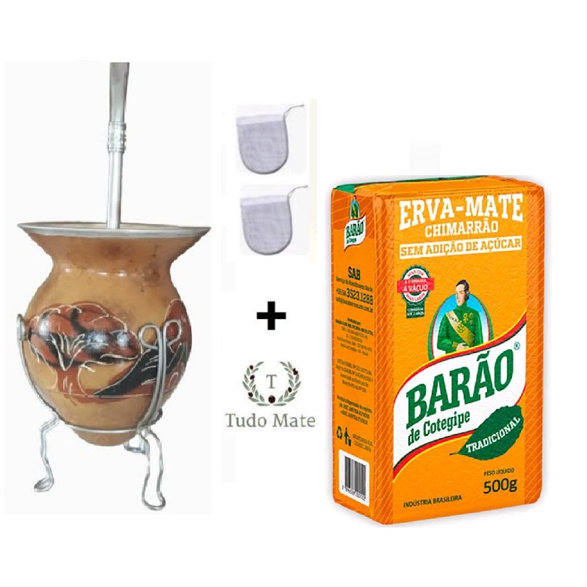 Kit Chimarrão Cuia Porongo com Tripé + Bomba + Filtro + Erva Chimarrão — imagem 2 de 2