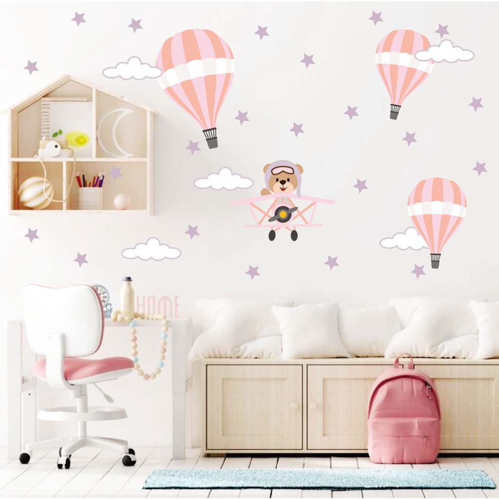 Adesivo De Parede Ursinha Aviadora Rosa Bebê aviao menina urso rosa