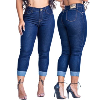 Calça Jeans Feminina Capri Cintura Alta Com Lycra