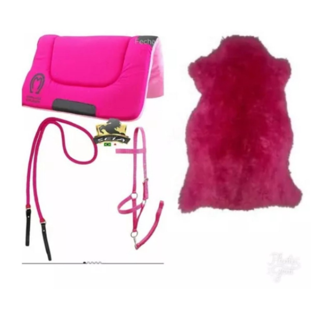 Kit Rosa Manta Rédea Cabresto e Pelego