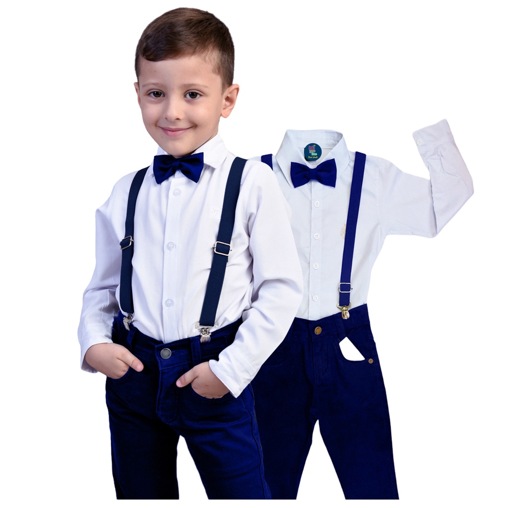 Conjunto Roupa Social Menino Bebê Festa C/ Gravata E Suspensorio Camisa Branca Calça Azul Marinho