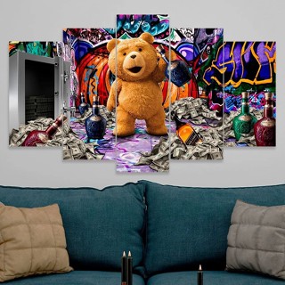 Kit Quadros Decorativos Mosaico 5 Peças urso ted Ostentação Dinheiro Dollar Mala Cofre Arte Abstrata Royal Salute Whisky Modular Luxo Milionário Bilionário Nota Bitcoin Cripto moeda