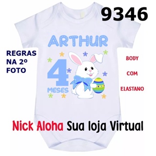 BODY BEBÊ PÁSCOA MÊS ANIVERSÁRIO COM NOME E MÊS DESEJADO CÓD 9346 em Oferta na Shopee