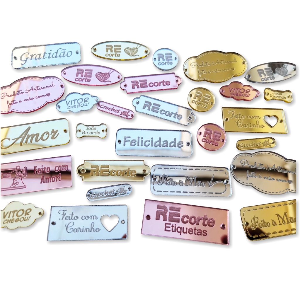 Kit 60 Etiquetas Tag Personalizadas em Acrílico Espelhado para artesanato, crochê, amigurumi, lembrancinhas