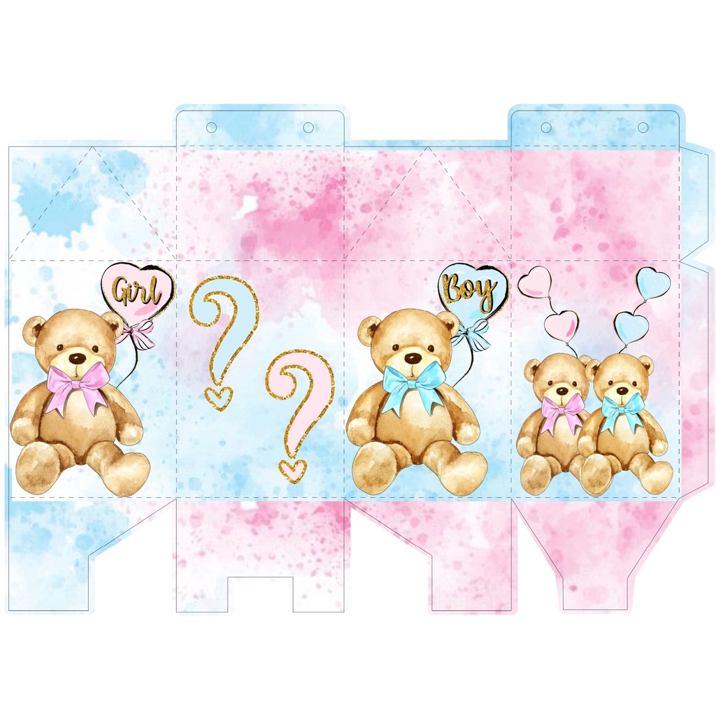 KIT 10 UND. CAIXINHAS PERSONALIZADAS (FOLHA COM ARTE IMPRESSA) TEMA URSINHO ROSA E AZUL AQUARELA