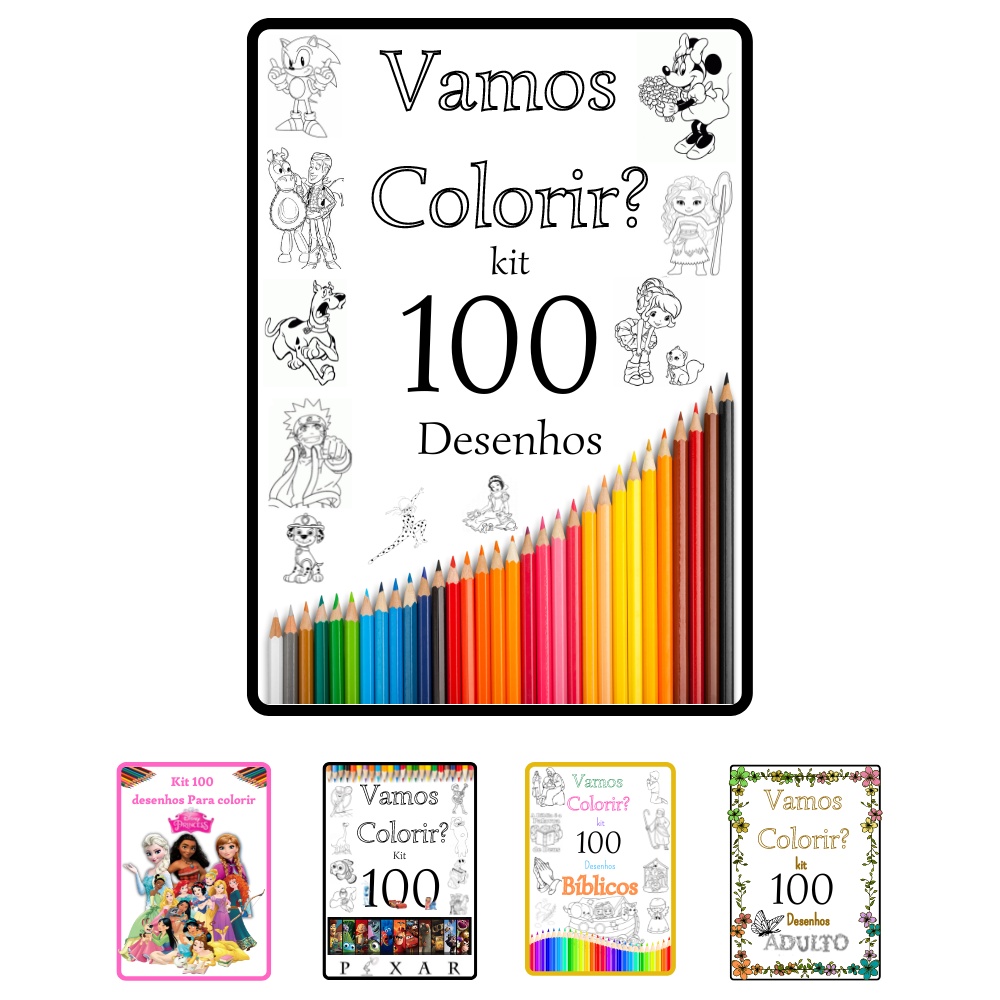 Kit 100 Desenhos Para Colorir em Folha A4 - 2 por folha