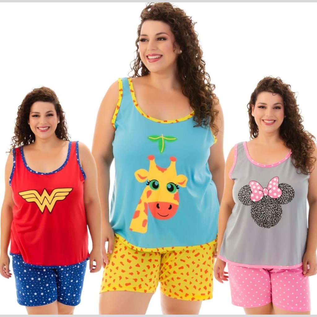 Short Doll PLUS Size Pijama Feminino Regata Verão Personagens LN009 em Oferta na Shopee