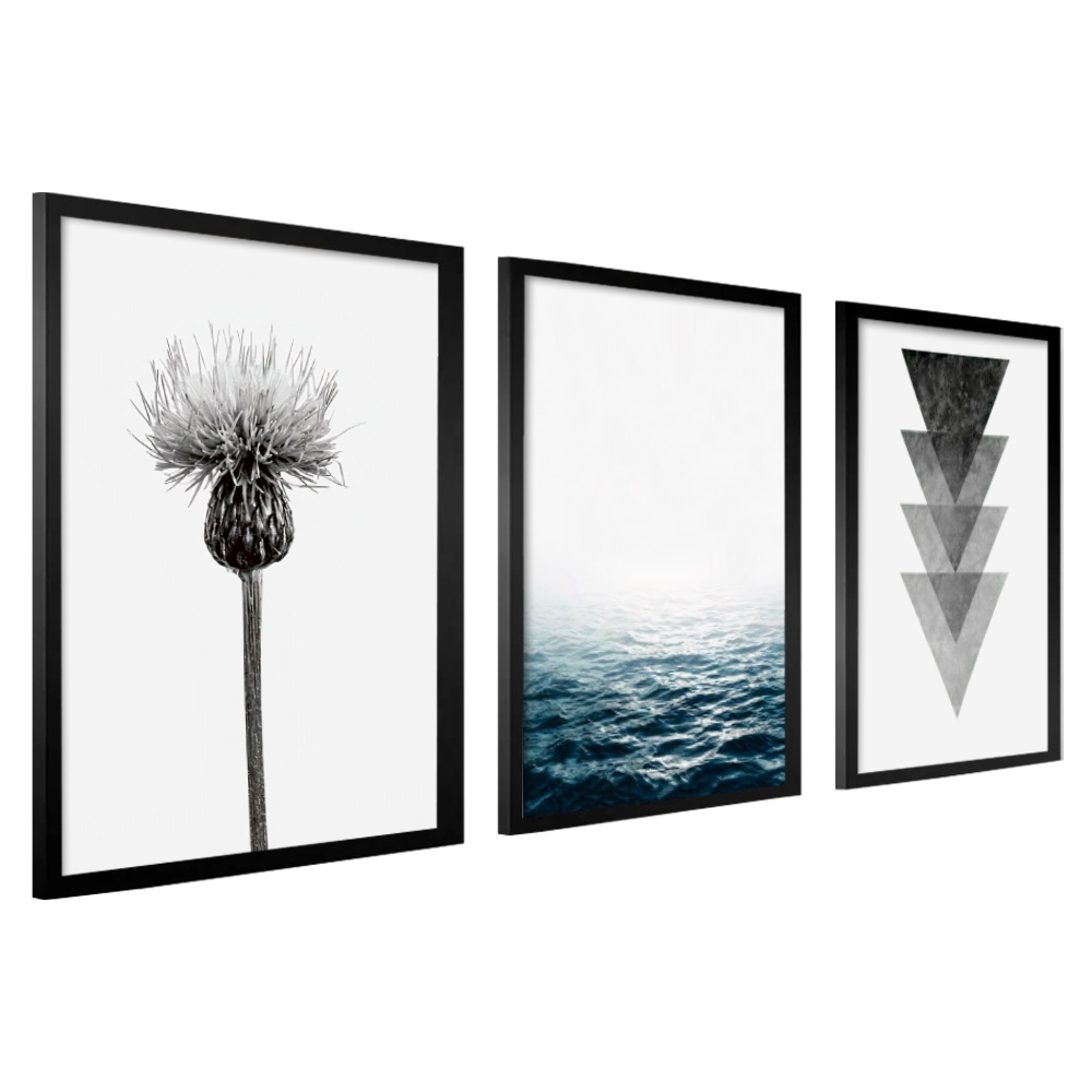 Kit 3 Quadros Decorativos Moderno Sala Quarto Moldura Geométrico Abstrato Mar