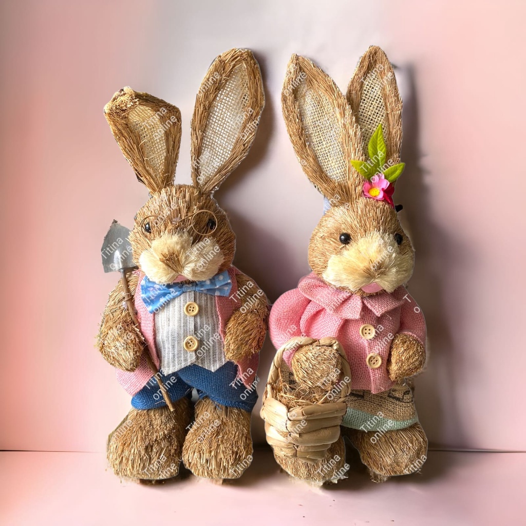 Casal Coelhinhos Da Páscoa De Palha Italiana Para Decoração Jardim Casa Casal Luxuoso