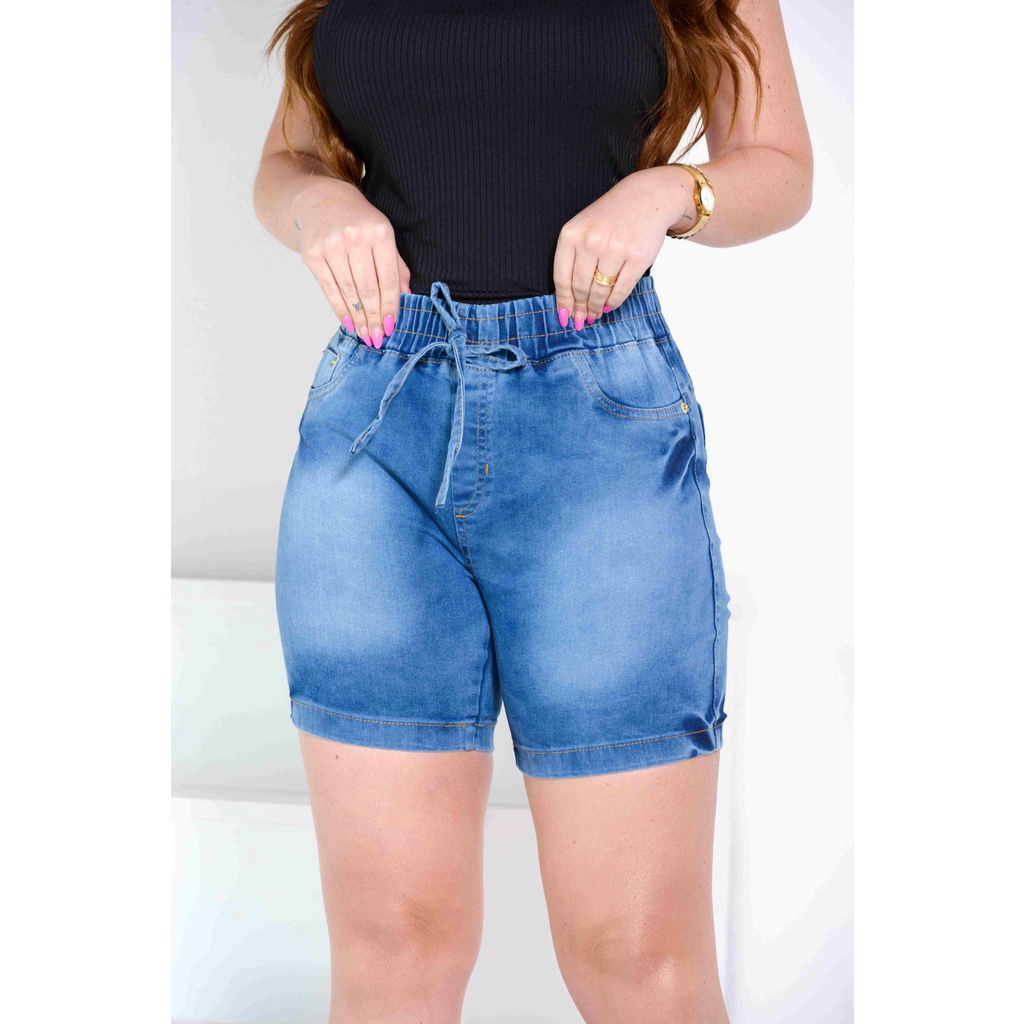 Shorts Feminino Bermuda Jeans Cintura Alta Plus Size Meia Coxa