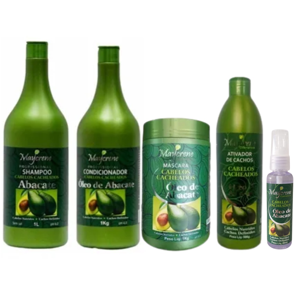 Kit Profissional Cabelos Cacheados Óleo De Abacate Maycrene 5 Passos - Shampoo 1L + Condicionador 1L + Máscara 1kg + 1 Ativador de Cachos + Reparador de Pontas Óleo de Abacate 60ml - Maycrene