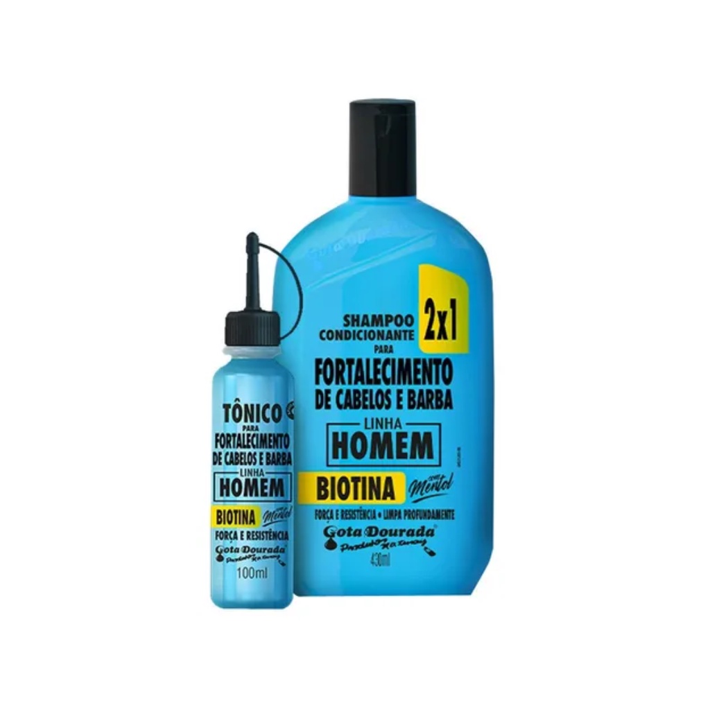 Kit Biotina Fortalecimento Homem Cabelo e Barba Shampoo + Tonico Gota Dourada