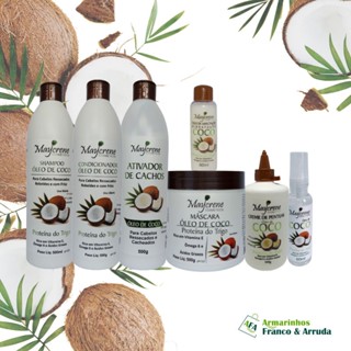 Kit Completo Óleo de Coco 7 PRODUTOS Maycrene (Shamp, Cond, Másc, Ativ. de Cachos, Creme de Pentear, Óleo Umectante 60ml e Óleo Reparador Spray 60ml) Tratando Cabelos Ressecados