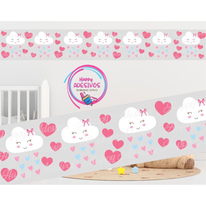 Faixa Adesiva Decorativa para Parede Quarto Menina Infantil Baby Chuva De Benção Nuvem Coração Rosa Adesivo Colante