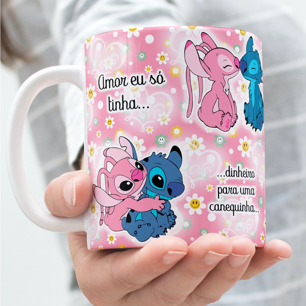 Caneca personalizada Stitch e Angel - Amor eu so tinha dinheiro para uma canequinha