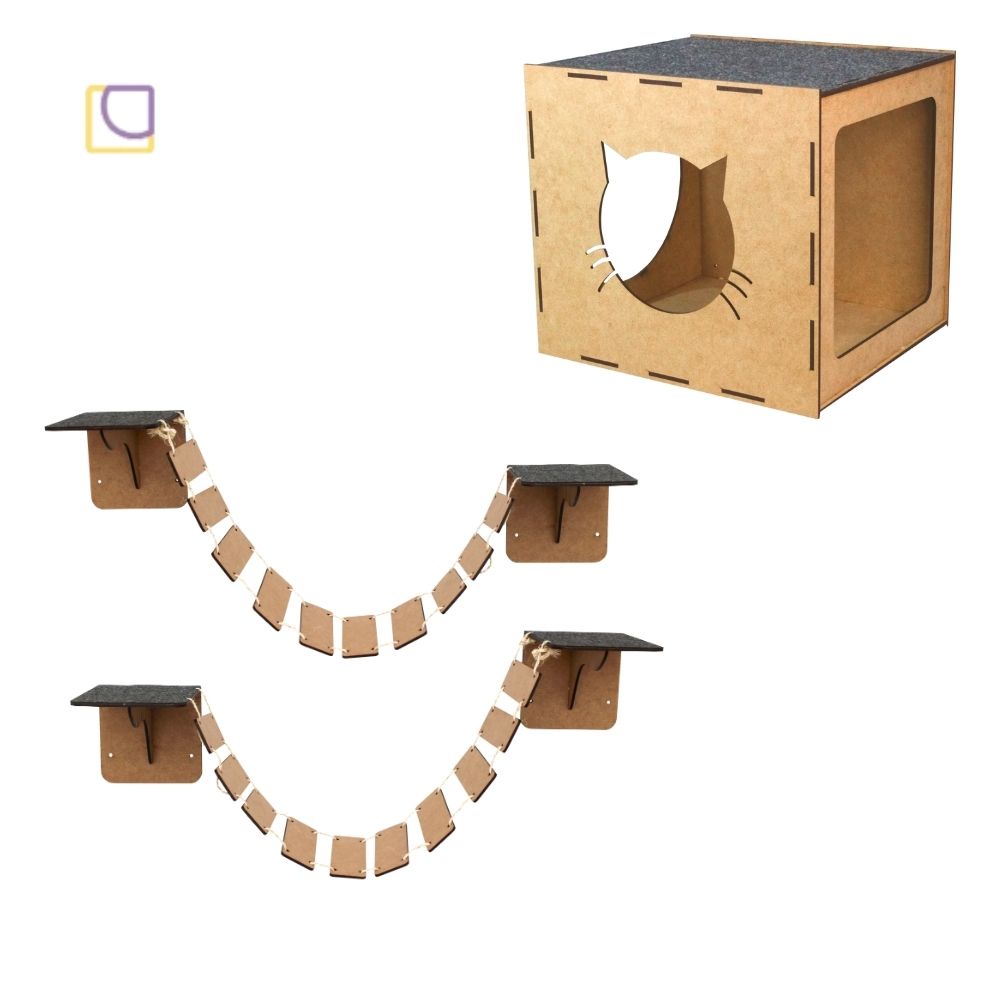 kit Playground de gato com 1 casinha e 2 pontes em mdf cru Kit play circuito e diversão para gatinhos