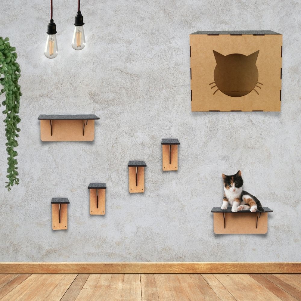 Kit Brinquedo Para Gato 7 Pcs Em Mdf Com Carpete - Promocão PlayGround