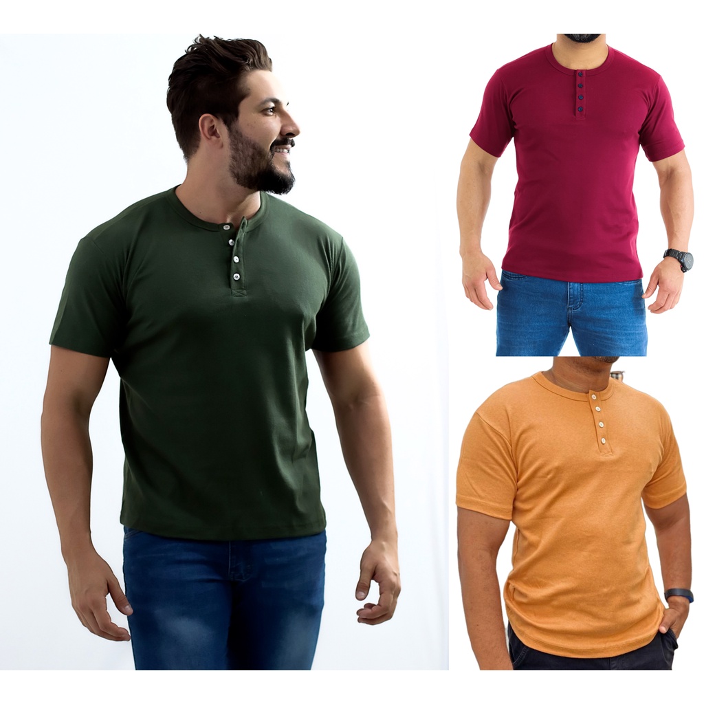 Camiseta Henley J Silver Slim Fit Manga Curta 4 Botões - Disponível em 3 cores em Oferta na Shopee