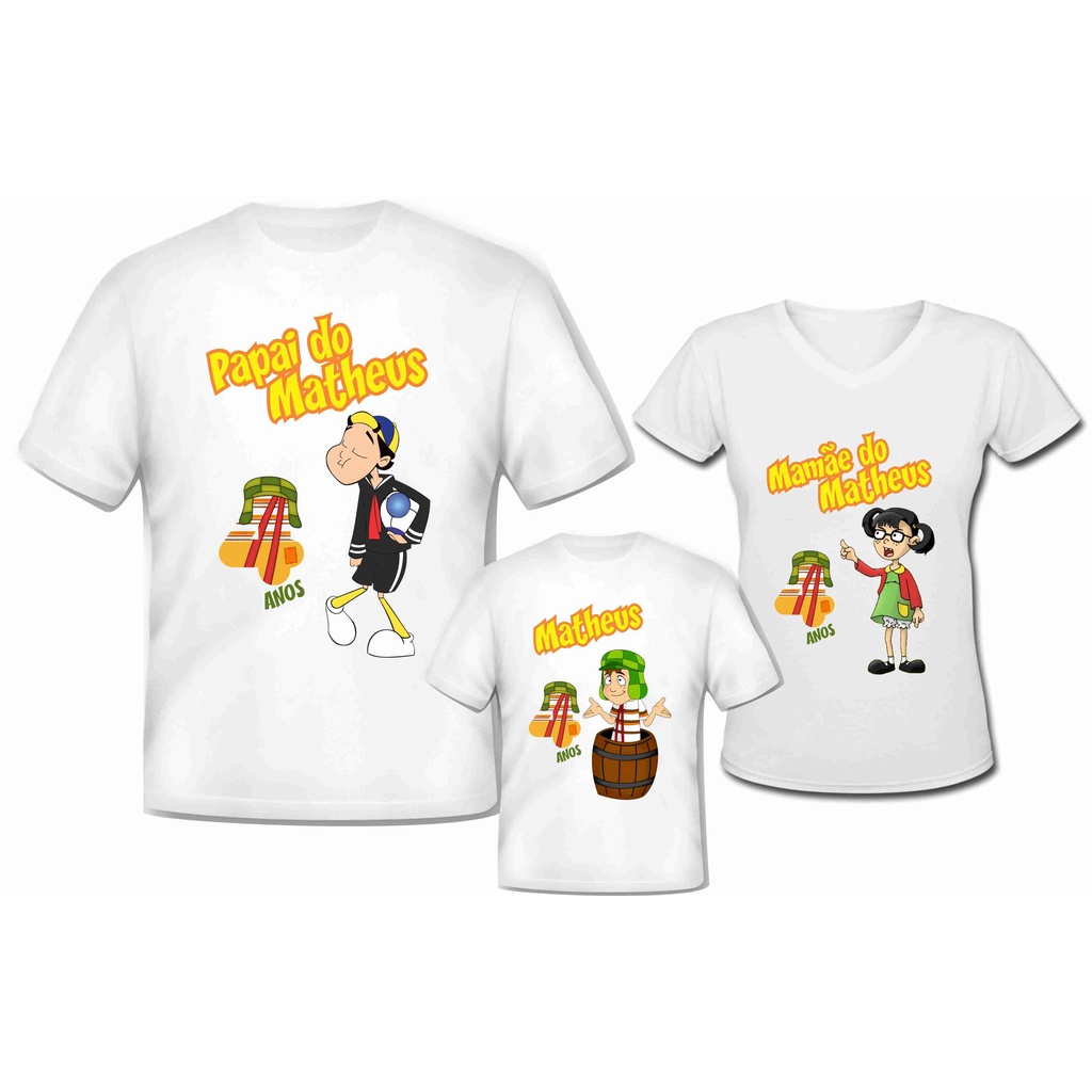 Kit 3 Camisa Personalizada - Tema Chaves, Chiquinha e Kiko - Pai, Mãe e Filho