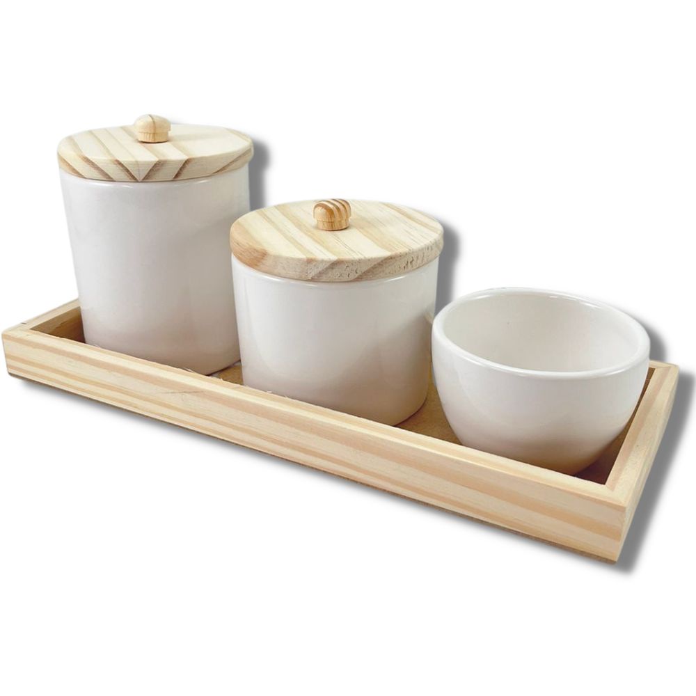 Kit Higiene Bebê Cuidado Recém Nascido Multiuso Porcelana Bandeja Molhadeira 2 Potes Organizador