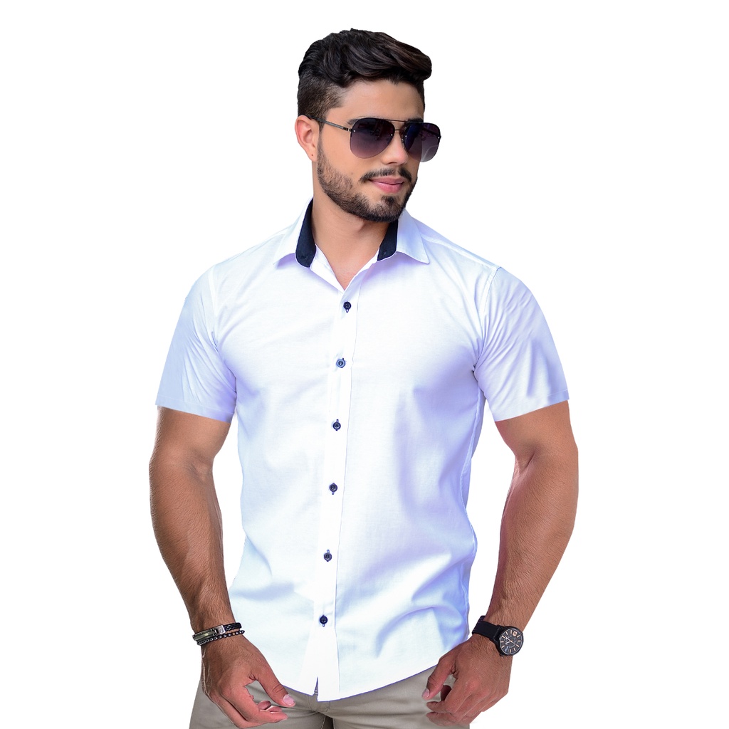 Camisa Social Manga Curta Masculina Slim Fit Tricoline Elegante