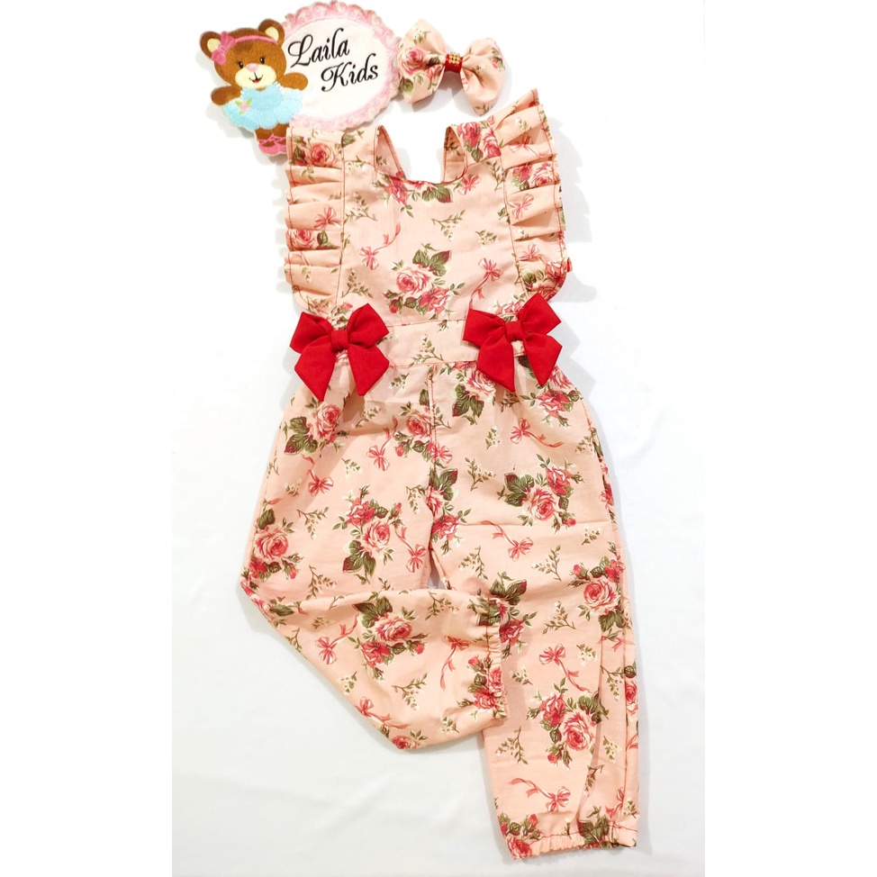 Macacão Jardineira Bebe Menina Floral Lindo Com Tiara