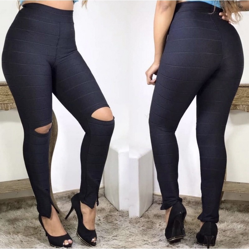Calça legging de bandagem Feminina com abertura no joelho Suplex Não Fica Transparente Costura Reforçada Casual Academia Fitness Cintura alta cós alto
