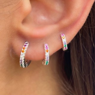 Brinco Trio Argola BANHADA A PRATA 925 com Zircônia Cravejada COLORIDA Kit 3 pares / Argolinhas Folheadas á Prata 925 com Zircônias colorida