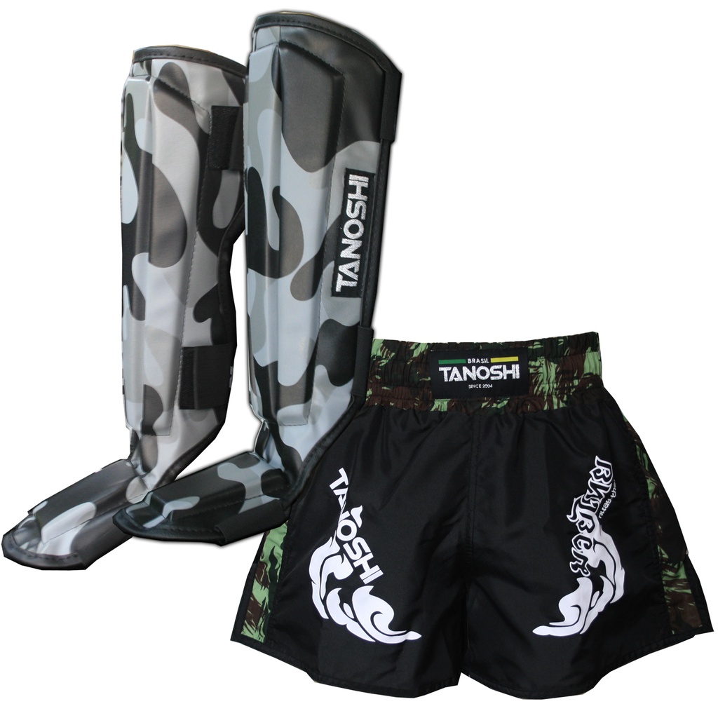 Kit Caneleira Camuflada Cinza e shorts TRNG Camuflada Verde MuayThai