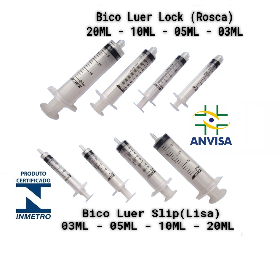 Seringa de 3ML / 5ML / 10ML / 20ML Bico Luer Slip (Liso) ou Luer Lock (Rosca) - Melhor preço e melhor qualidade ! 3 ML / 5 ML / 10 ML / 20 ML