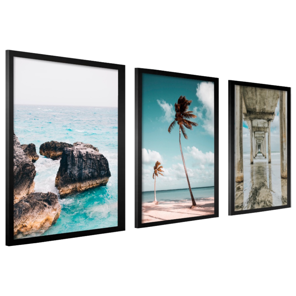 Trio Quadro Decorativo Moderno Para Sala Quarto Moldura Mar Praia