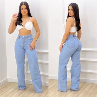 Calça Jeans Wide Leg Feminina Estilosa Destroyed Pantalona Cintura Alta Premium