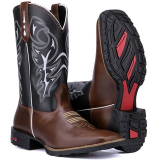 Bota Masculina texana Cano Longo Em Couro Bico Quadrado Ante Derrapante