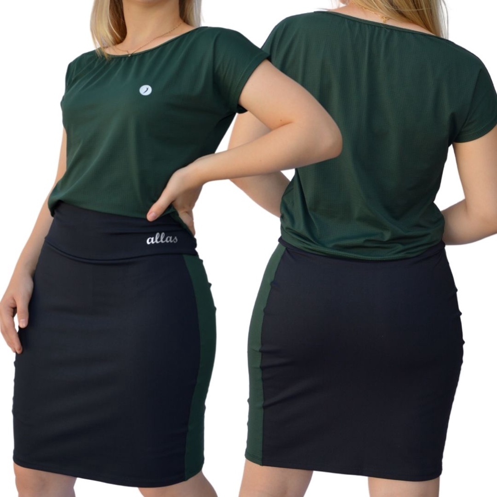 Conjunto de Short Saia com bolso Blusa Dryfit  UV50+ Alta Compressão Roupa Fitness Evangélica Academia Caminhada Allas